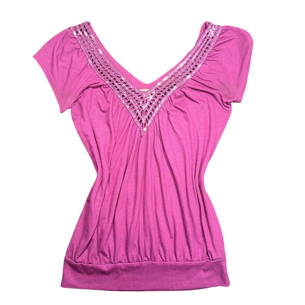 Y2K Magenta Purple Sequin Crochet V-Neck Top Blouson Banded Hem Cap Sleeve M